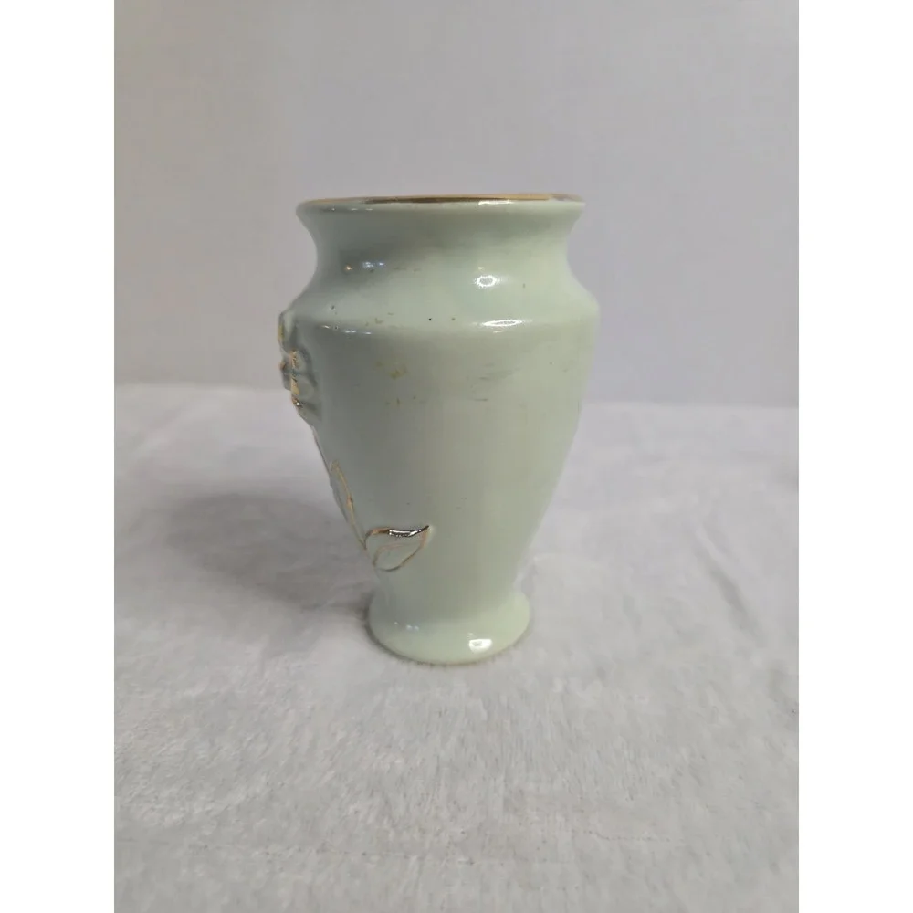 Vintage‎ Vase circa 1940's Green Pottery with Gold Embossed Flowers 4.5 Inch